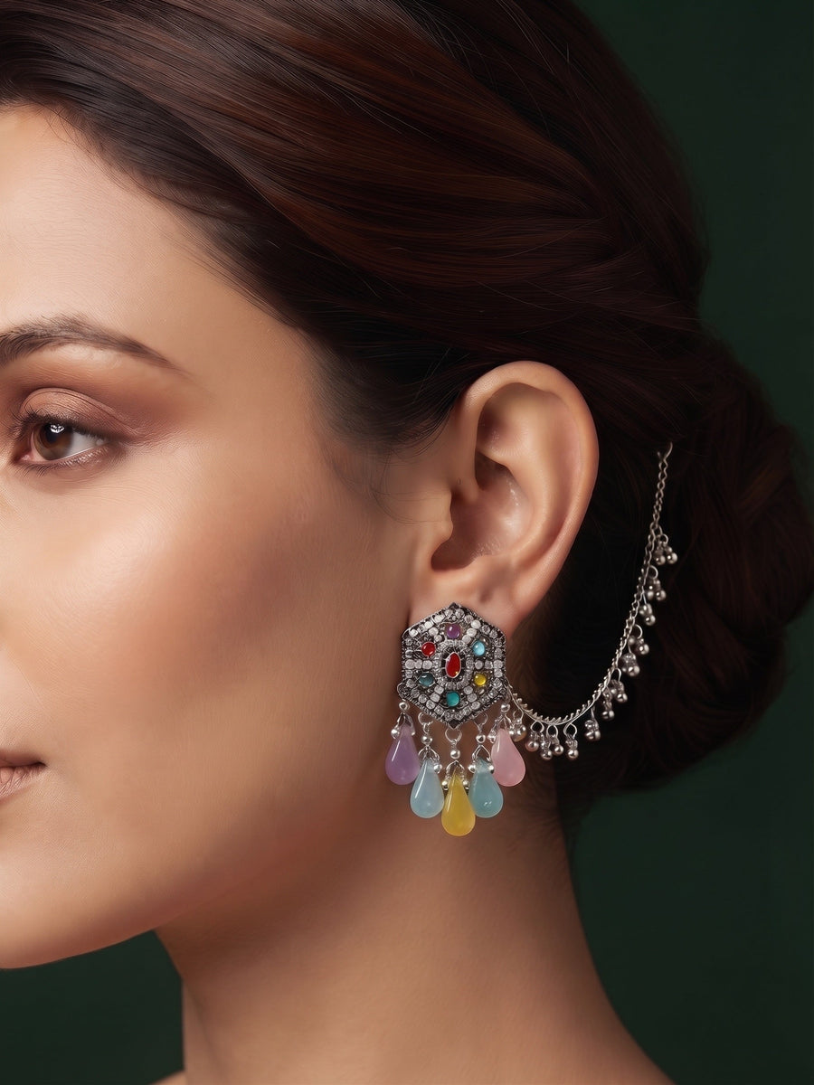 Silver Plated Oxidized Jhumka Earrings With Earchain