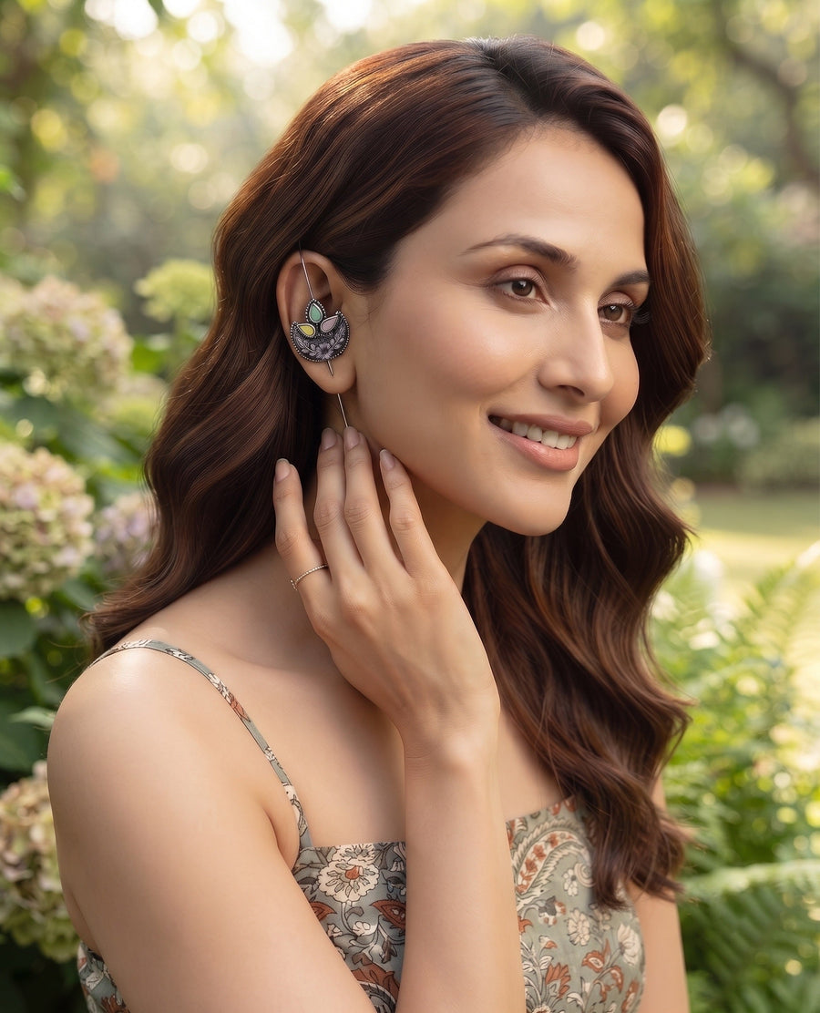 Silver Plated Oxidized Ethnic Design Ear Cuff