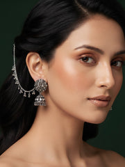 Silver Plated Oxidized Jhumka Earrings With Earchain