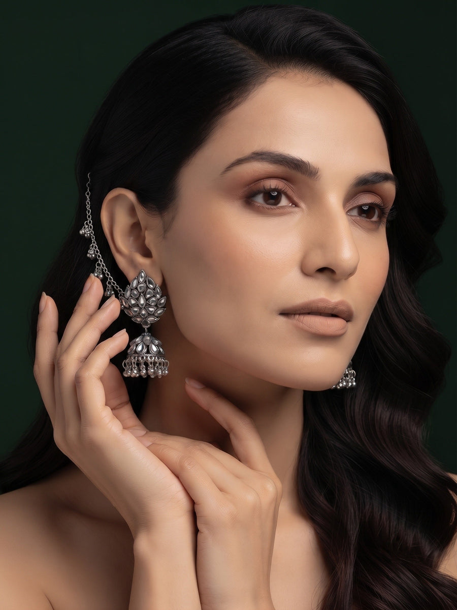 Silver Plated Oxidized Jhumka Earrings With Earchain