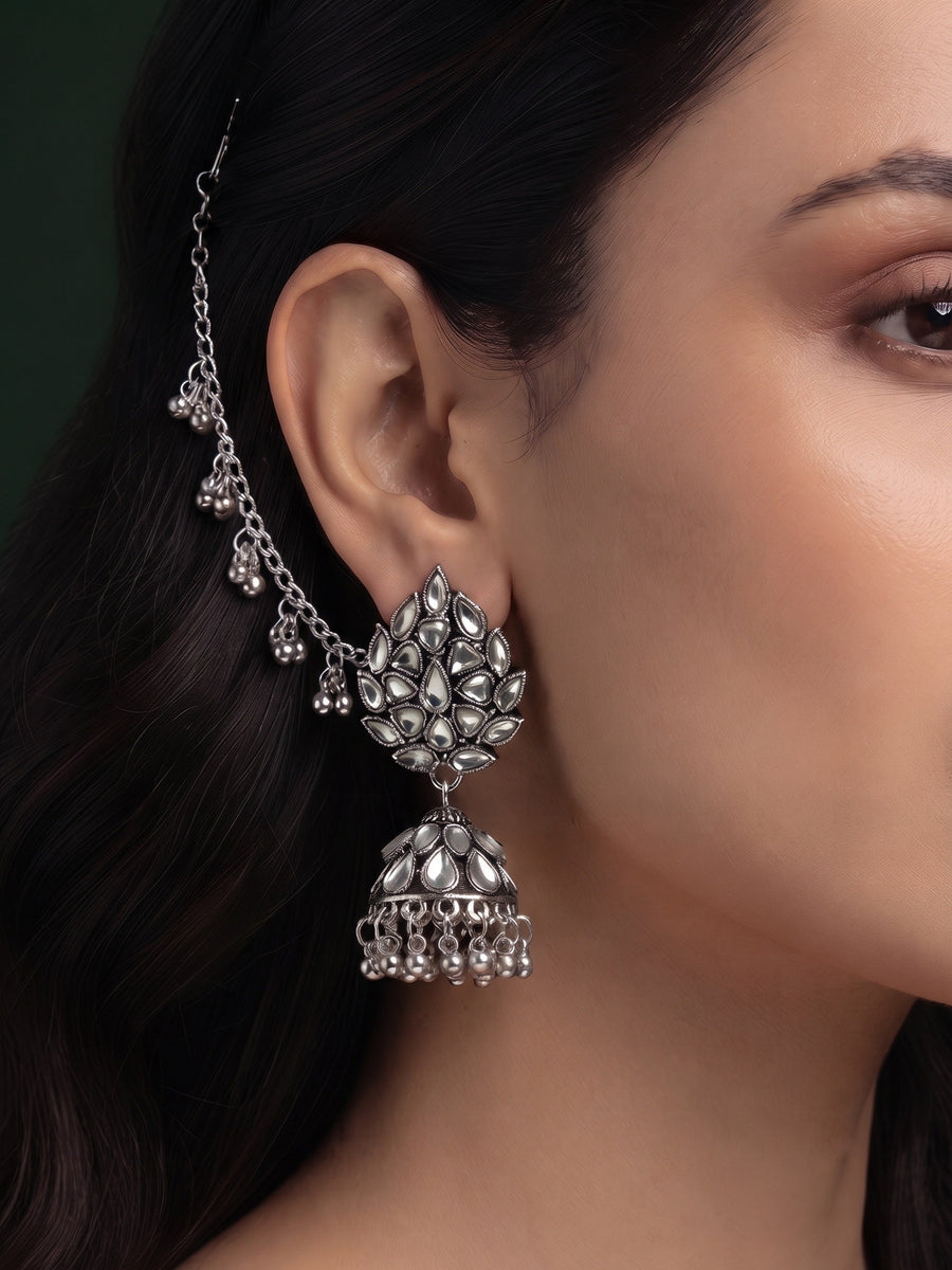 Silver Plated Oxidized Jhumka Earrings With Earchain