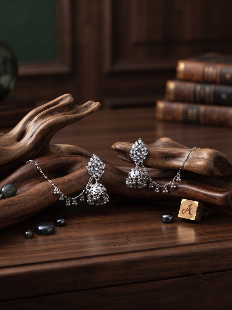 Silver Plated Oxidized Jhumka Earrings With Earchain