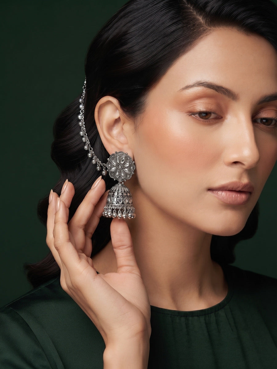 Silver Plated Oxidized Jhumka Earrings With Earchain