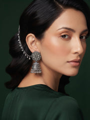 Silver Plated Oxidized Jhumka Earrings With Earchain