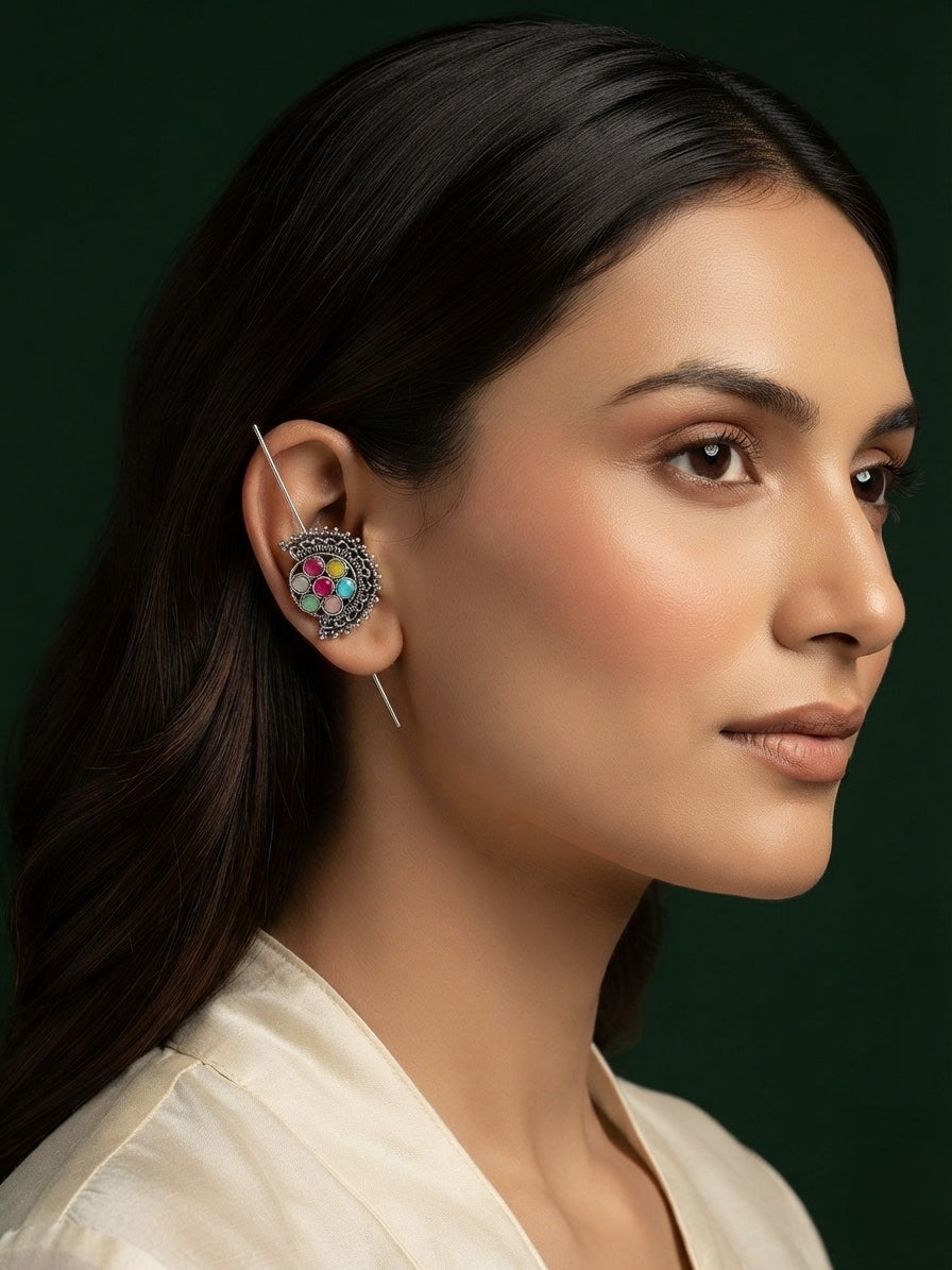 Silver Plated Oxidized Ethnic Design Ear Cuff