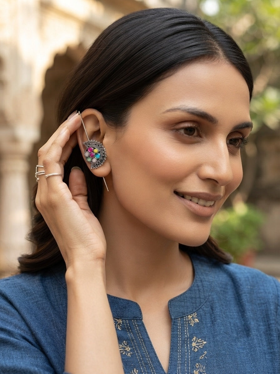 Silver Plated Oxidized Ethnic Design Ear Cuff