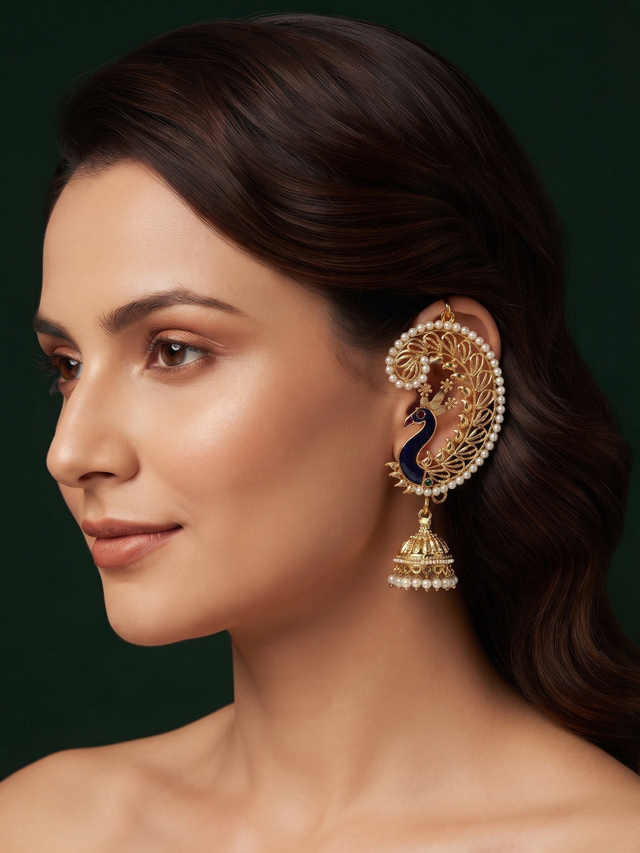 Gold Plated Peacock Ethnic Design Ear Cuff with chain