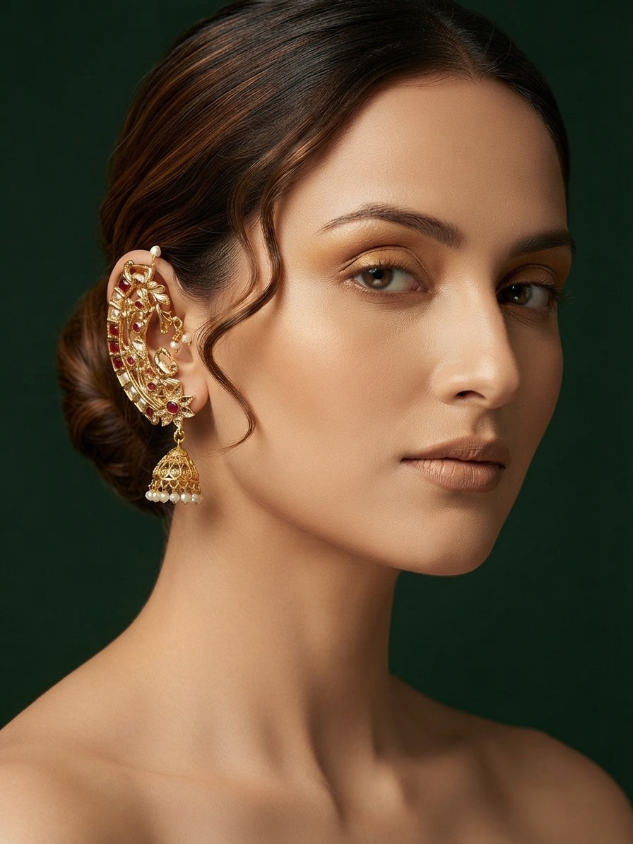 Gold Plated Pearls Beaded Ear Cuff with Chain