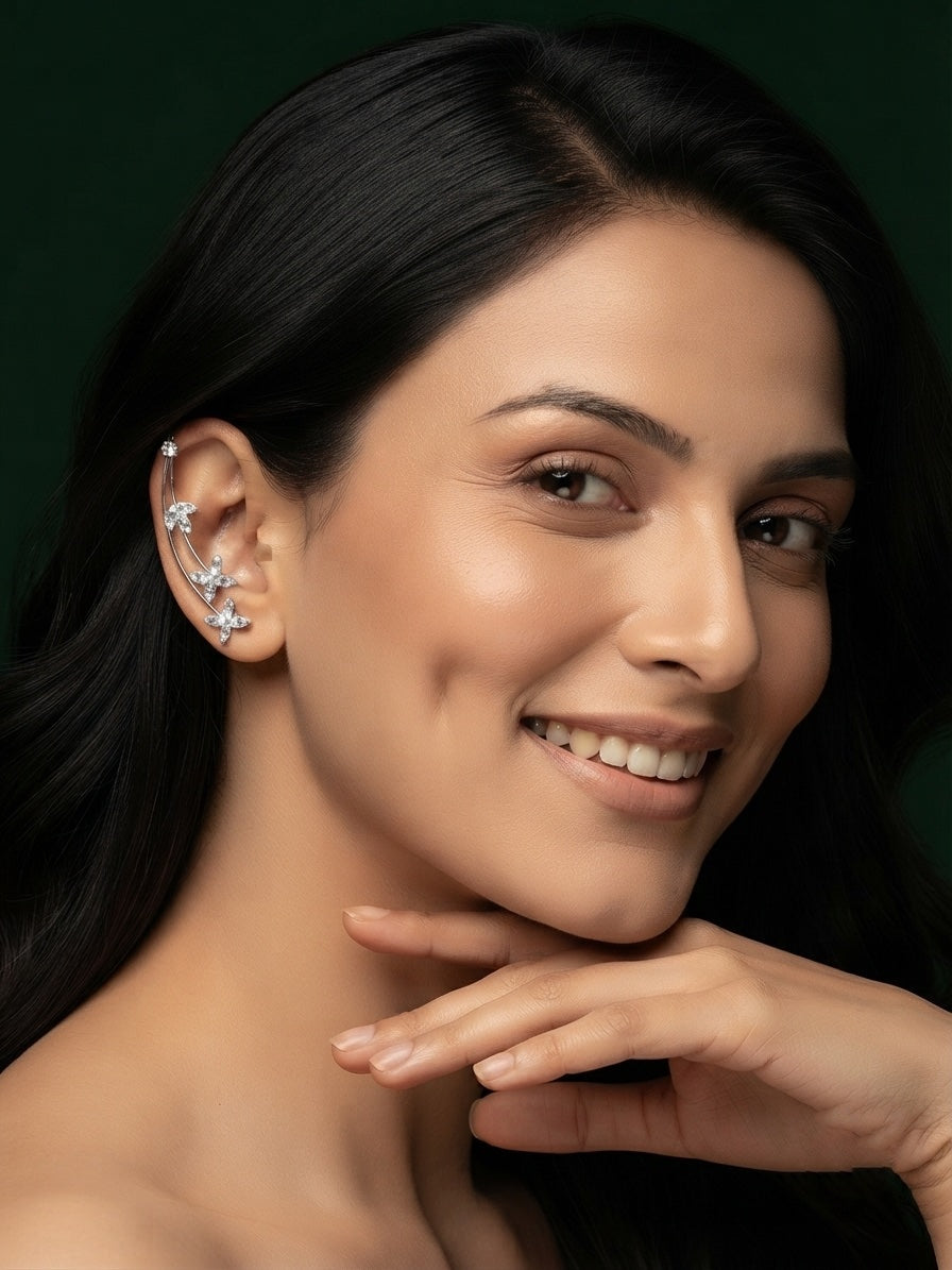 Silver Plated Oxidized Flower Design Ear Cuff