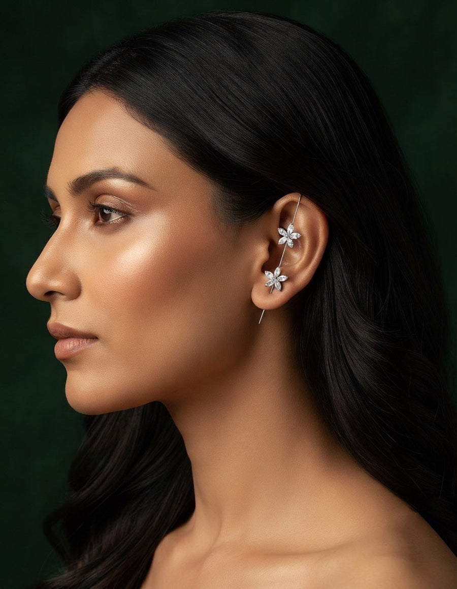 Gold Toned Oxidized Ear Cuff Chain Earrings