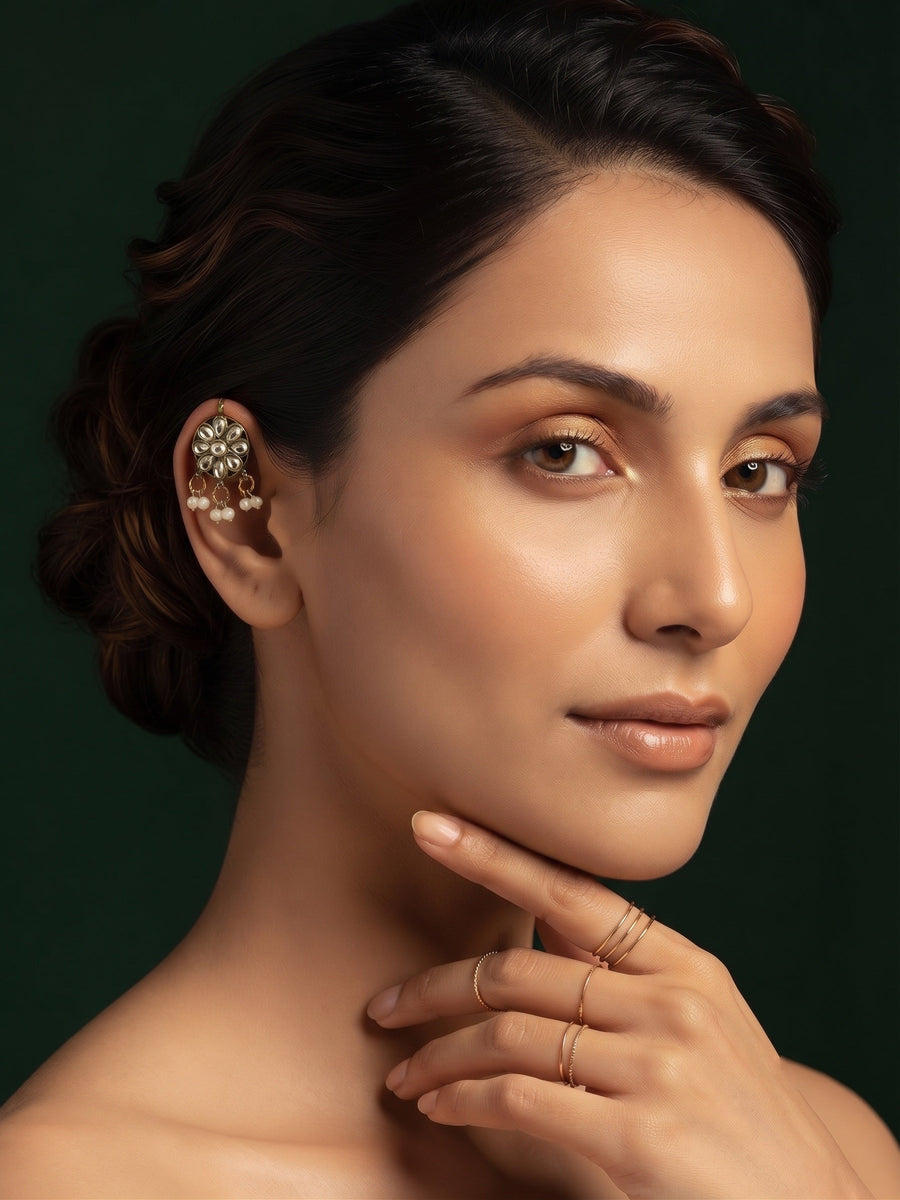 Gold Toned Kundan Studded Pearl Drop Ear Cuff Earrings