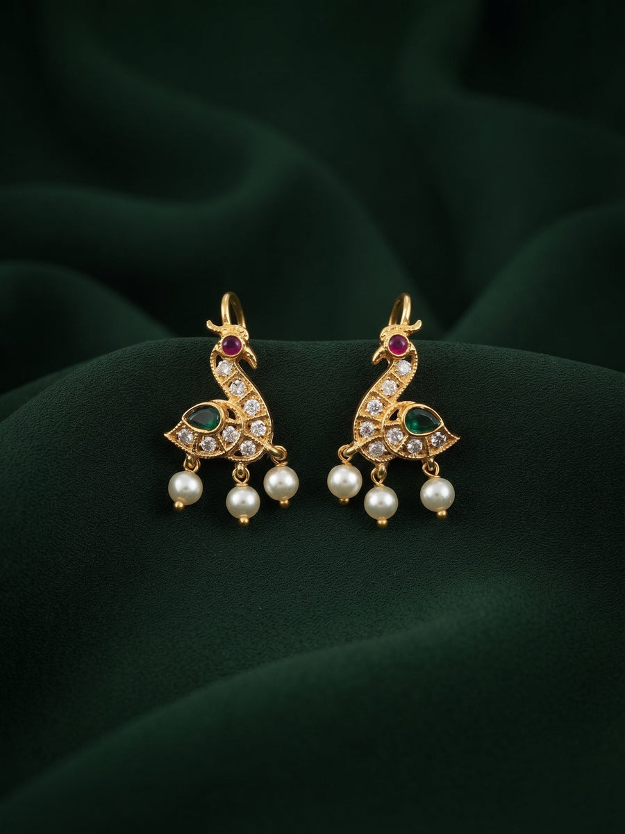 Gold Toned Ad Stone Peacock Design Drop Ear Cuff