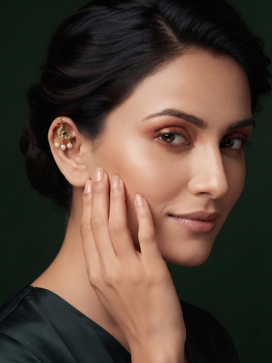 Gold Toned Ad Stone Peacock Design Drop Ear Cuff