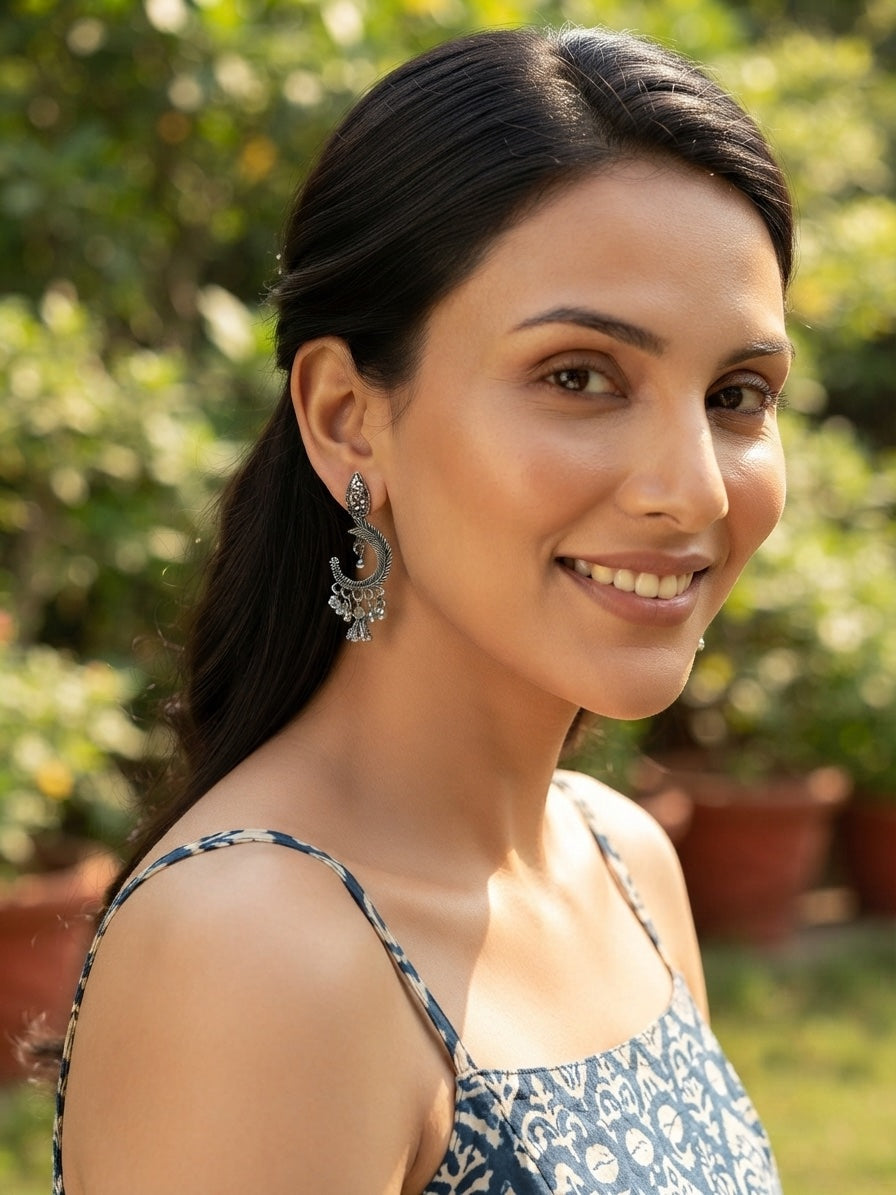 Silver Plated Oxidized Fancy Drop Earrings