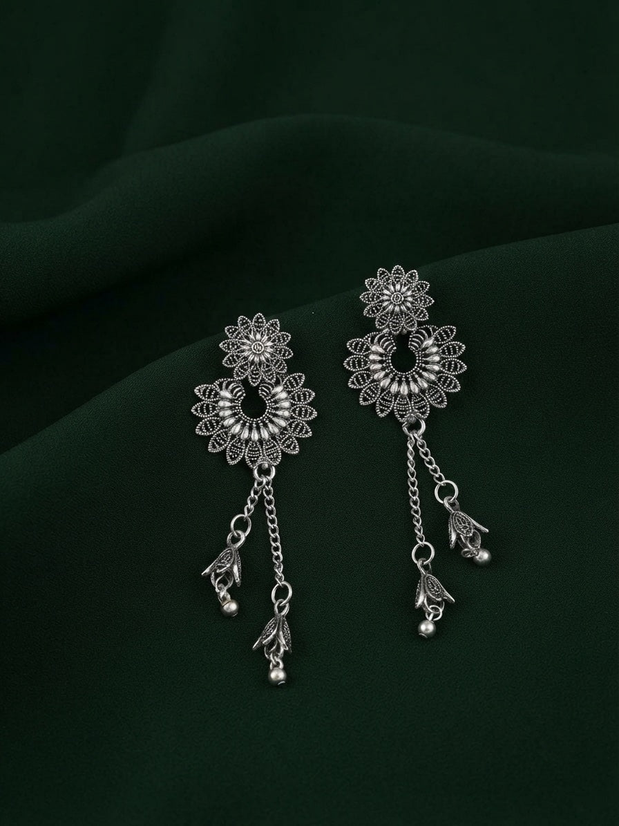 Silver Plated Oxidized Tassels Drop Earrings