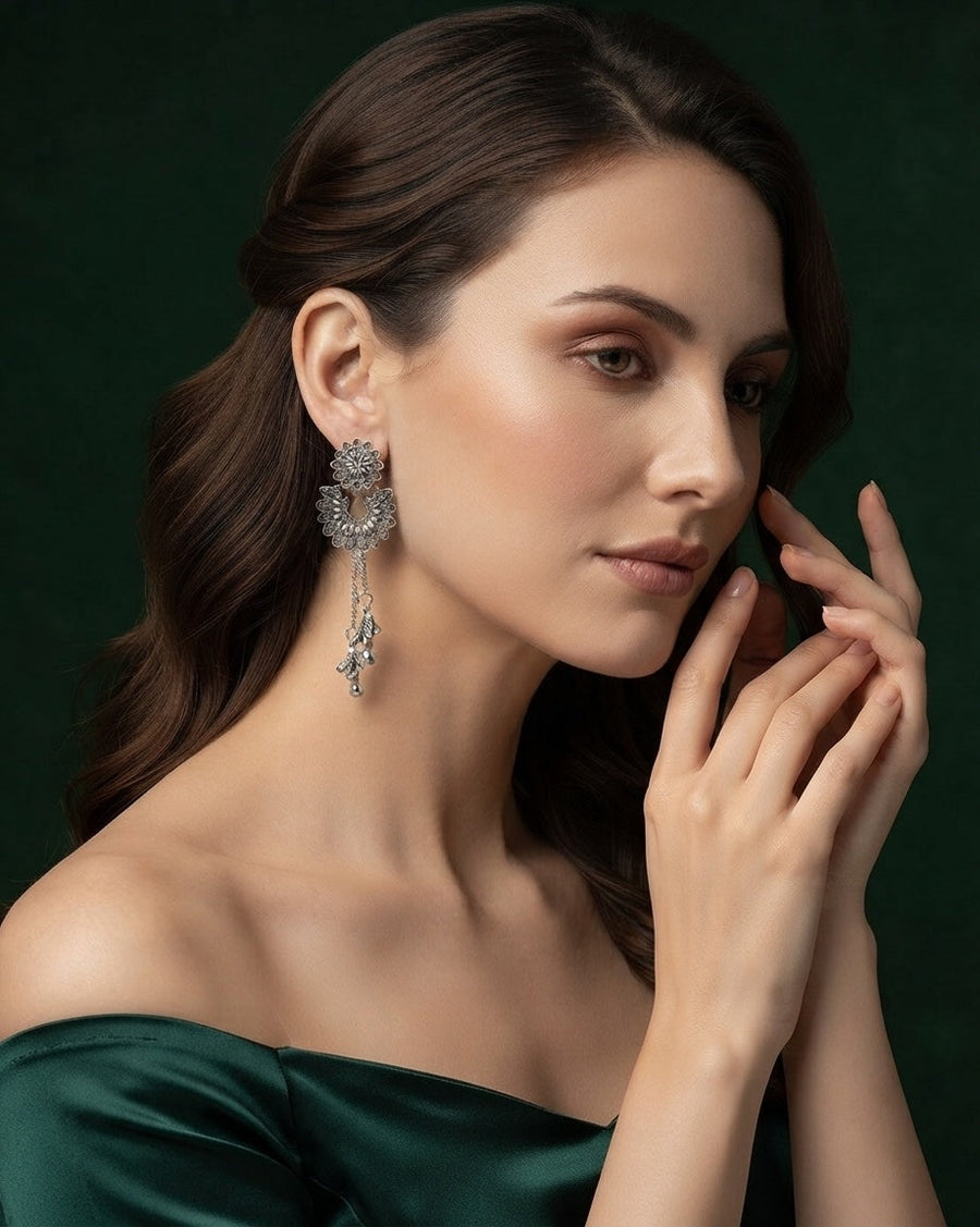 Silver Plated Oxidized Tassels Drop Earrings