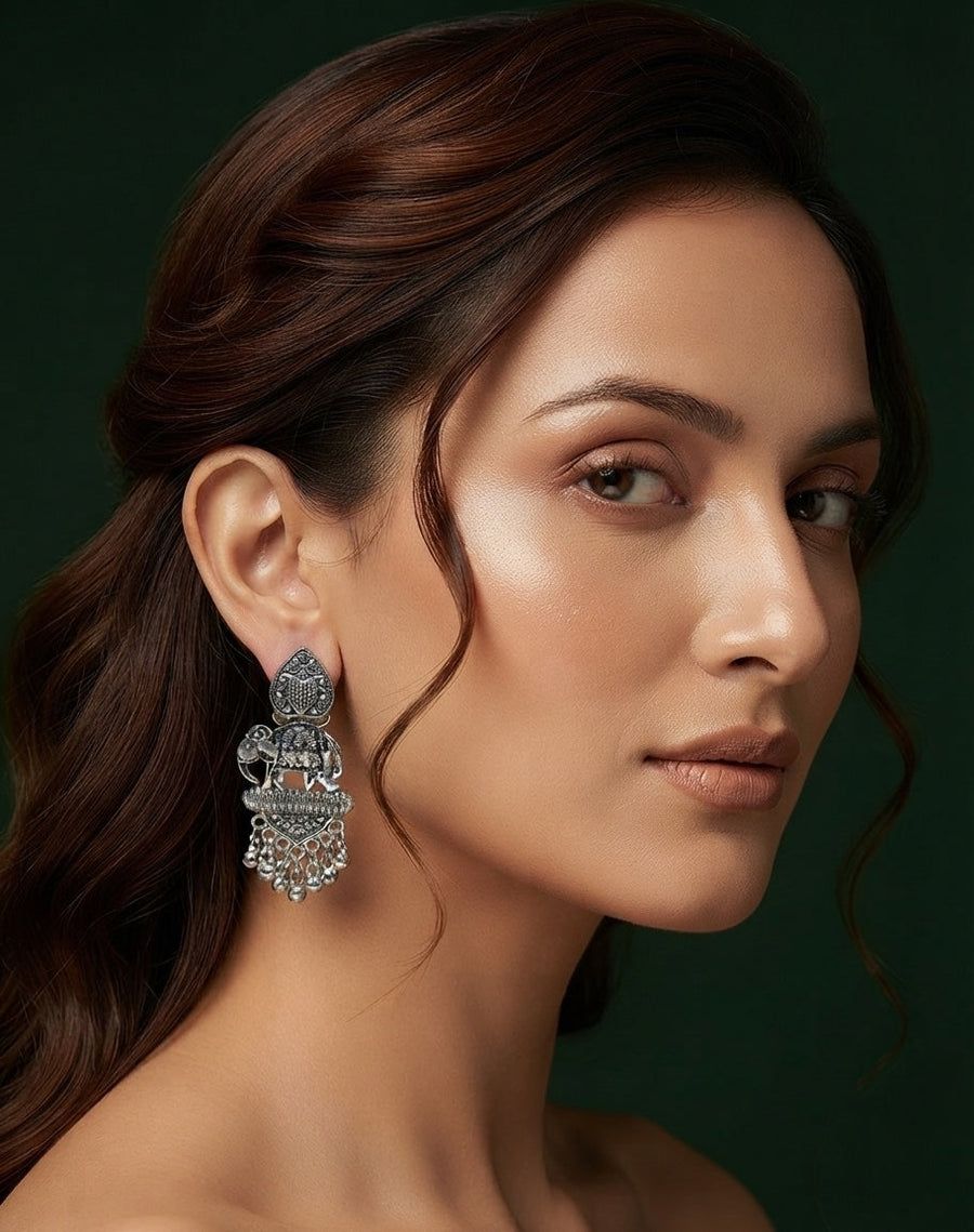 Silver Plated Oxidized Tassels Drop Earrings