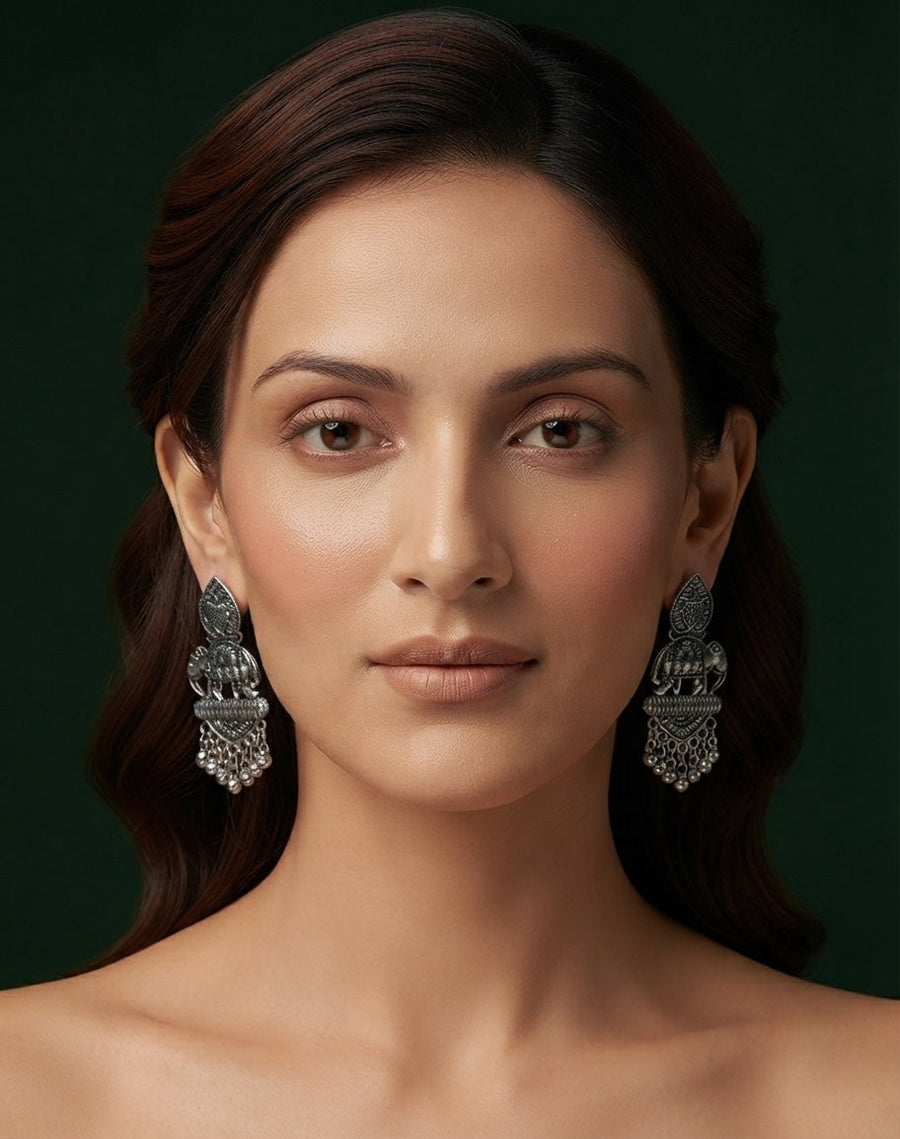 Silver Plated Oxidized Tassels Drop Earrings