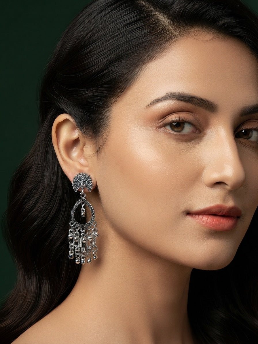 Silver Plated Oxidized Tassels Drop Earrings