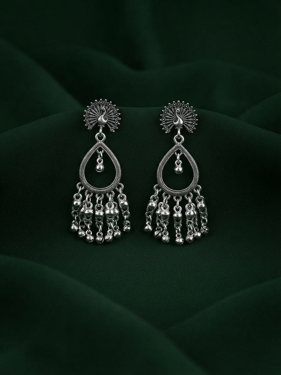 Silver Plated Oxidized Tassels Drop Earrings