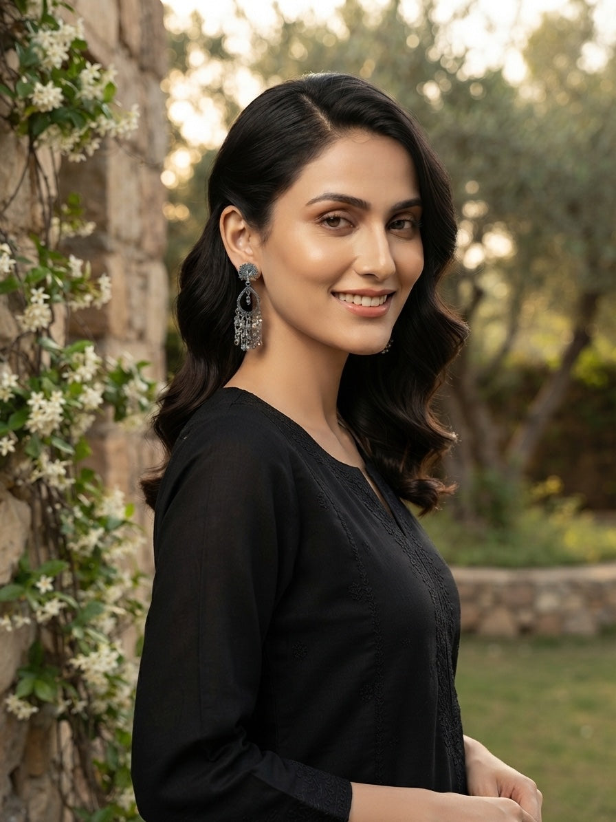 Silver Plated Oxidized Tassels Drop Earrings