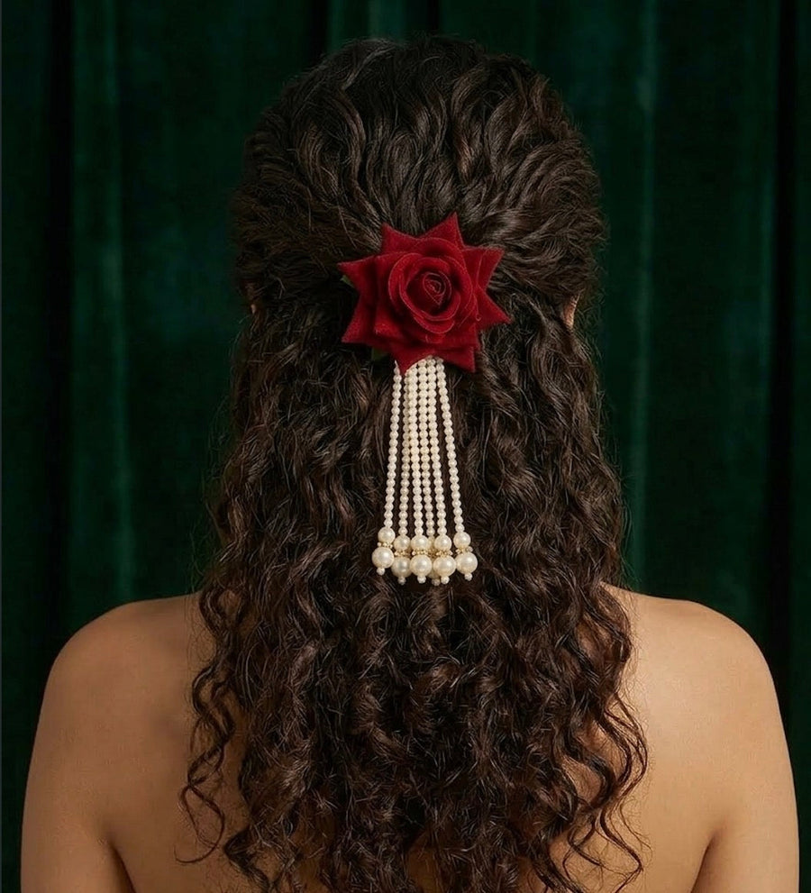 Floral Shaped With Pearls Tassels Hair Accessory