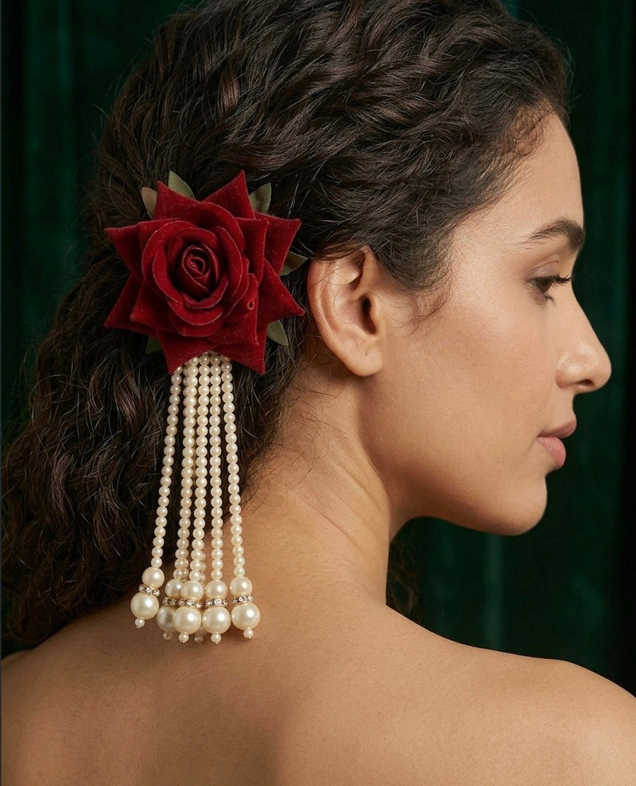 Floral Shaped With Pearls Tassels Hair Accessory