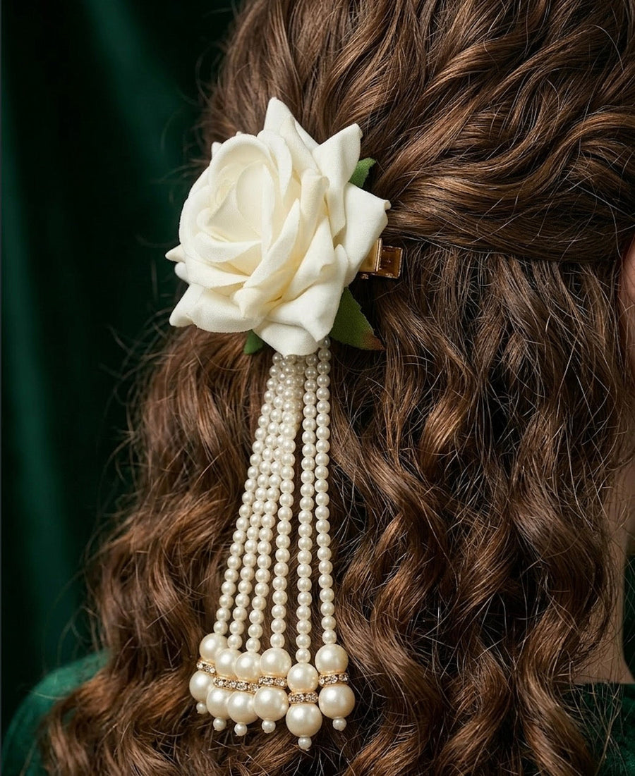 Floral Shaped With Pearls Tassels Hair Accessory