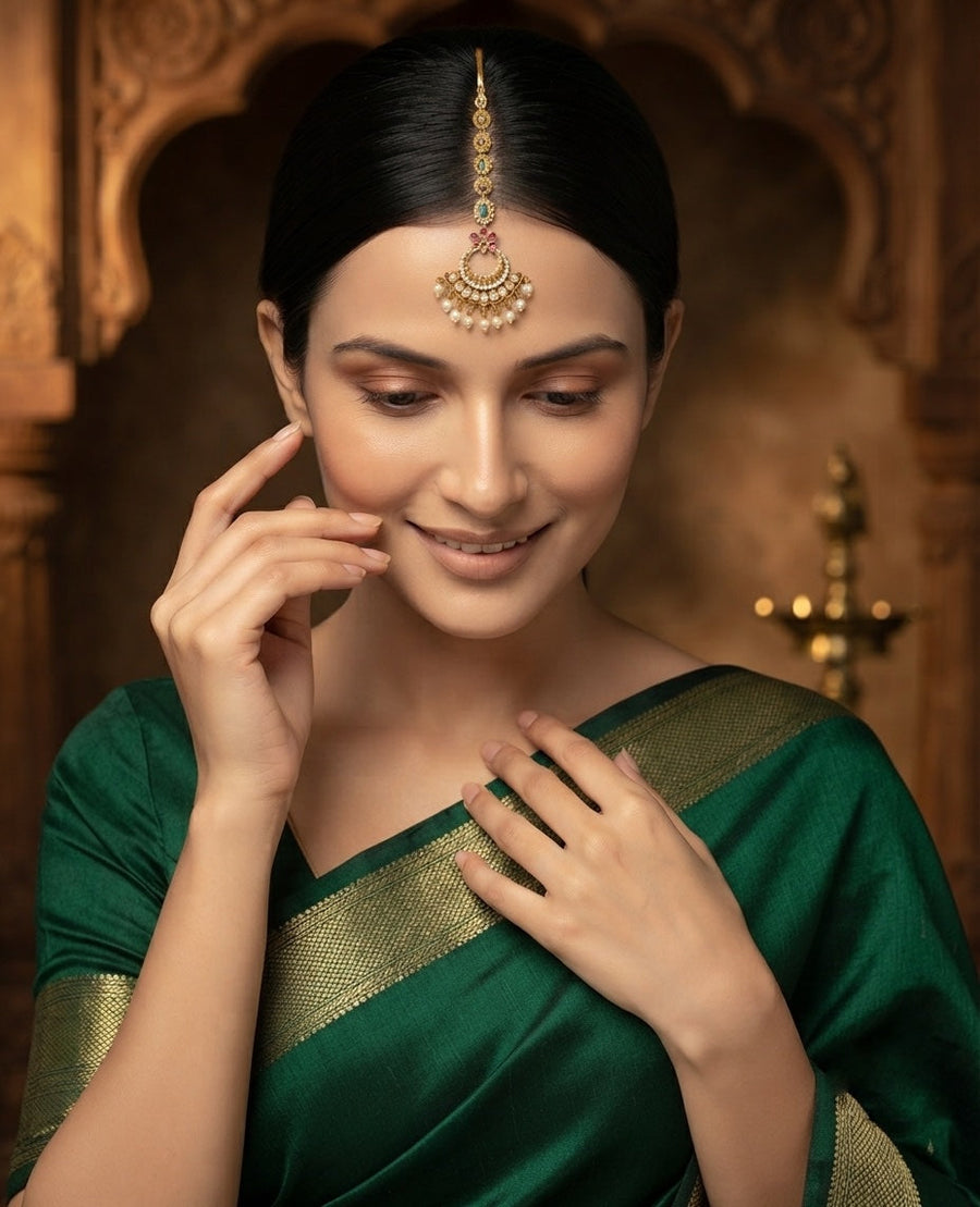 Gold Plated Artificial Beaded Maang Tikka Head Jewellery