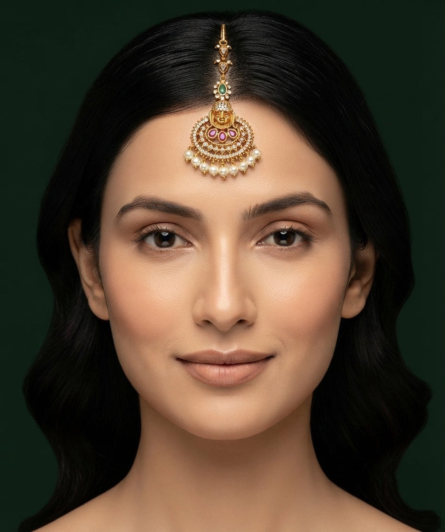 Gold Plated Artificial Beaded Maang Tikka Head Jewellery