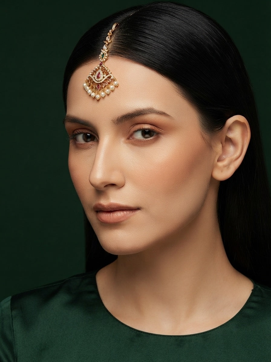 Gold Plated Artificial Beaded Maang Tikka Head Jewellery