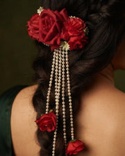 Rose Flower With Pearls Tassels Hair Accessory