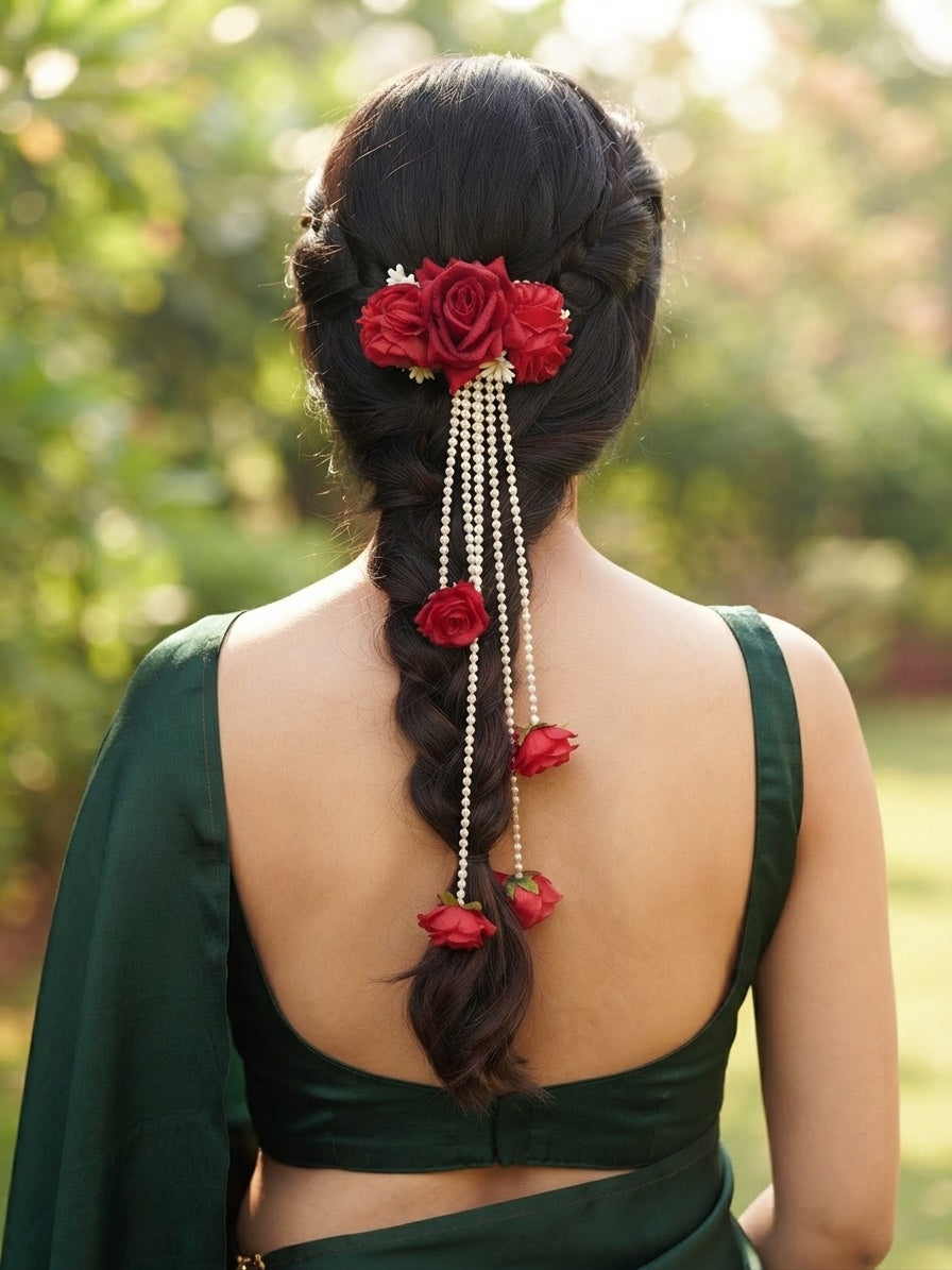 Rose Flower With Pearls Tassels Hair Accessory