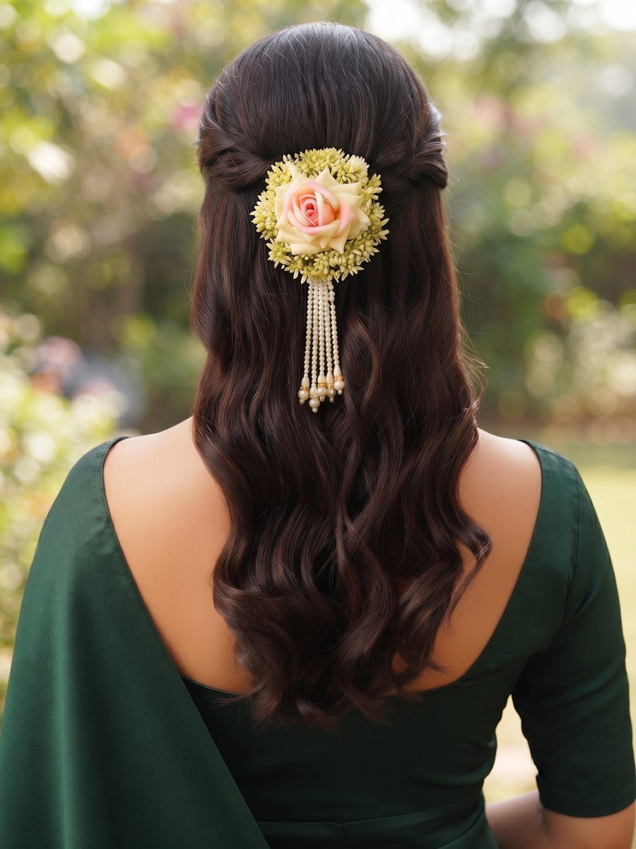 Rose Flower With Pearls Tassels Hair Accessory