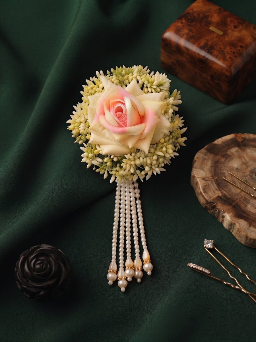 Rose Flower With Pearls Tassels Hair Accessory