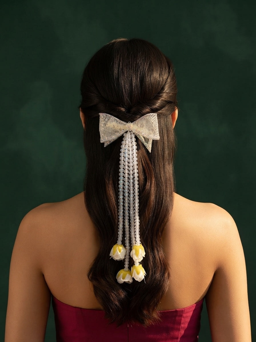 Fancy Bow With Pearls Tassels Hair Accessory