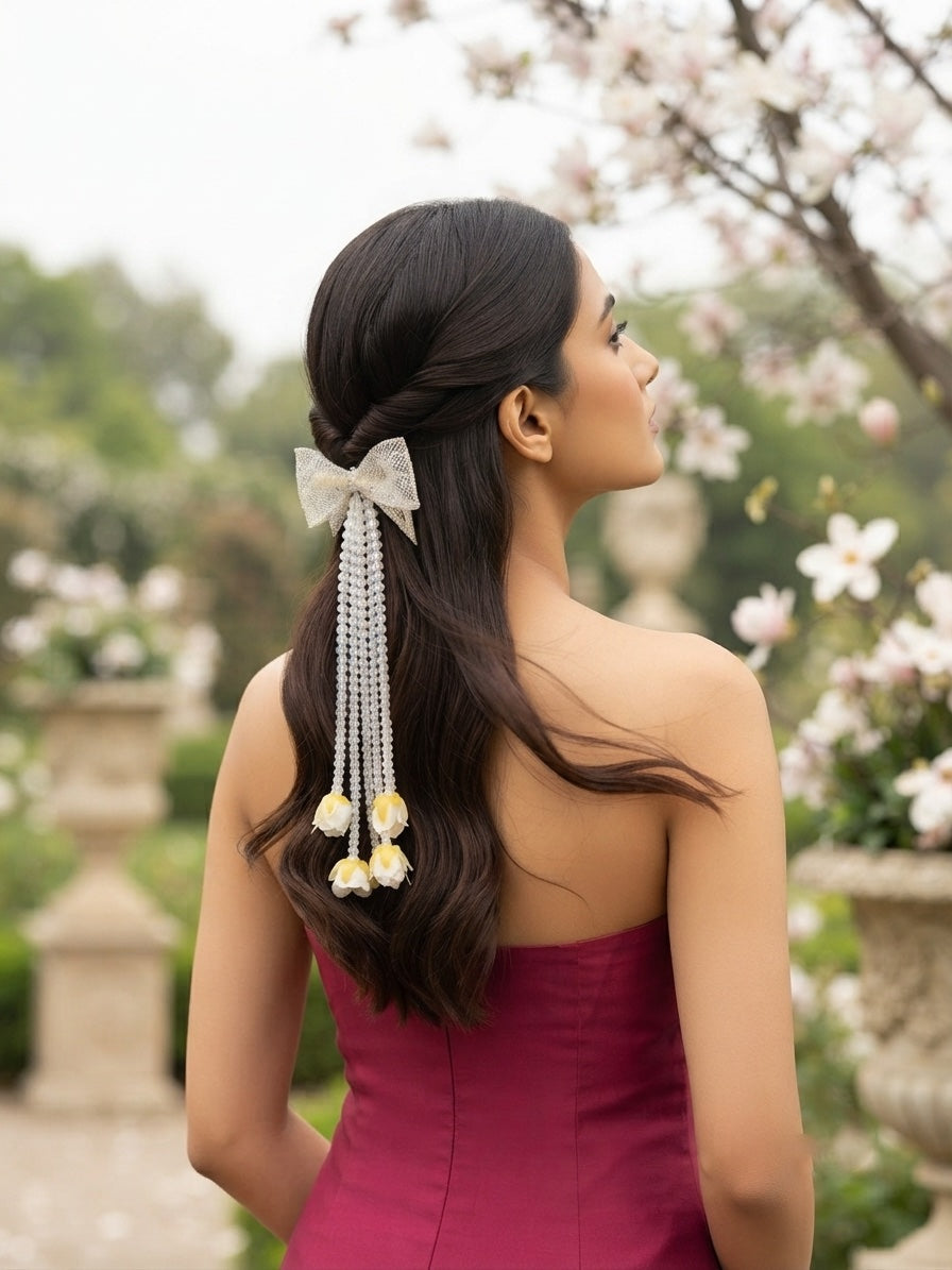 Fancy Bow With Pearls Tassels Hair Accessory