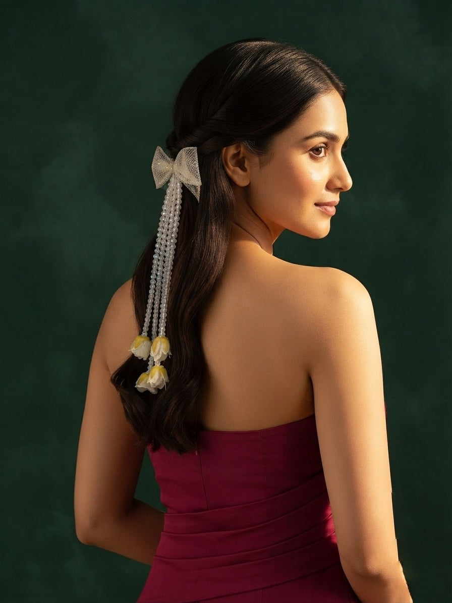 Fancy Bow With Pearls Tassels Hair Accessory