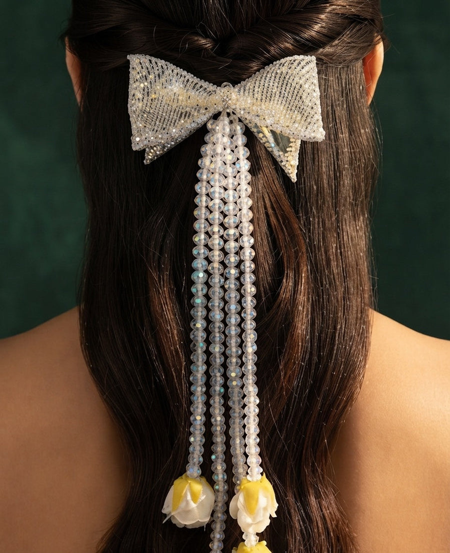 Fancy Bow With Pearls Tassels Hair Accessory