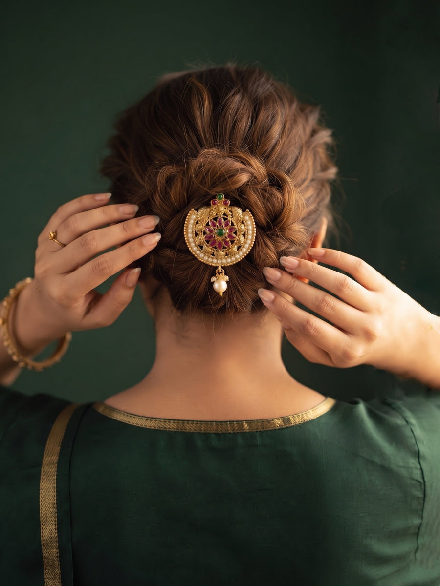 Women Gold Plated Embellished Hair Accessory Comb Pin