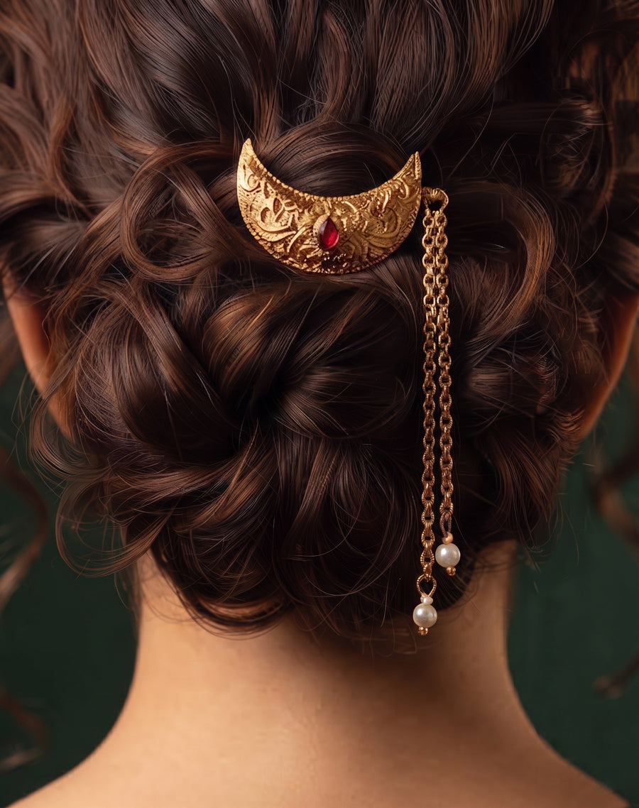 Women Gold Plated Embellished Hair Accessory Comb Pin