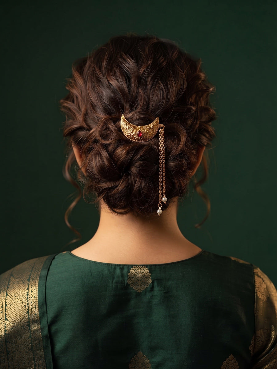 Women Gold Plated Embellished Hair Accessory Comb Pin