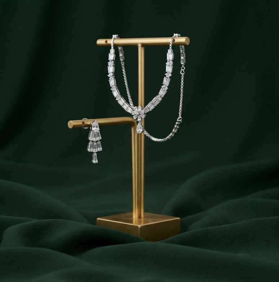 Women Silver Plated American Diamond Jewellery Set