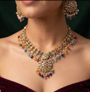 Women Gold Plated Multicolor Beaded Jewellery Set With Mang Tika