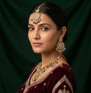 Women Gold Plated Multicolor Beaded Jewellery Set With Mang Tika