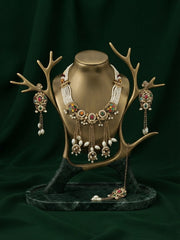 Women Gold Plated Kundan Beaded Choker Jewellery Set With Mang Tikka