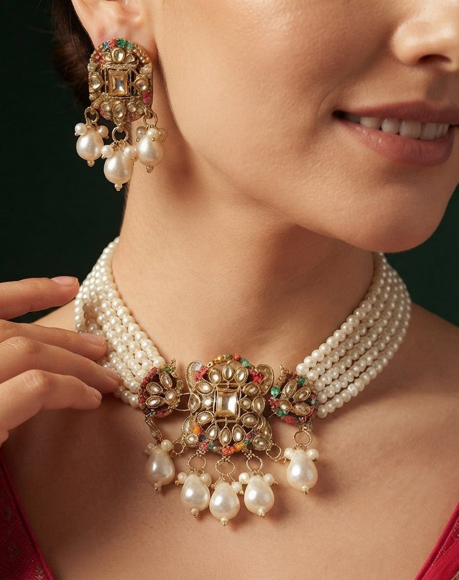 Women Gold Plated Pearls Choker Jewellery Set