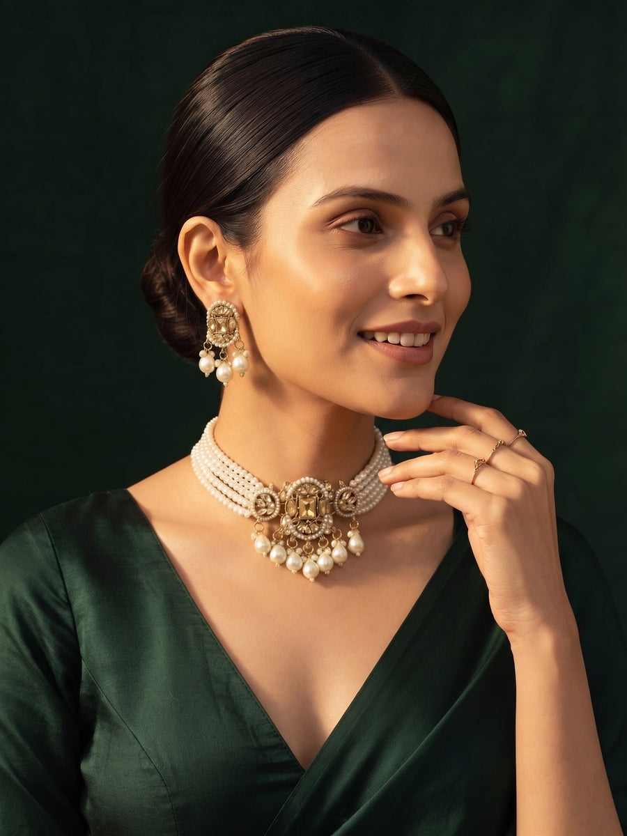 Women Gold Plated Pearls Choker Jewellery Set