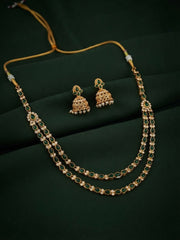 Gold-Toned Green Stone Layered Necklace with Earrings Jewellery Set