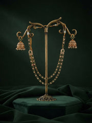 Gold-Toned Green Stone Layered Necklace with Earrings Jewellery Set
